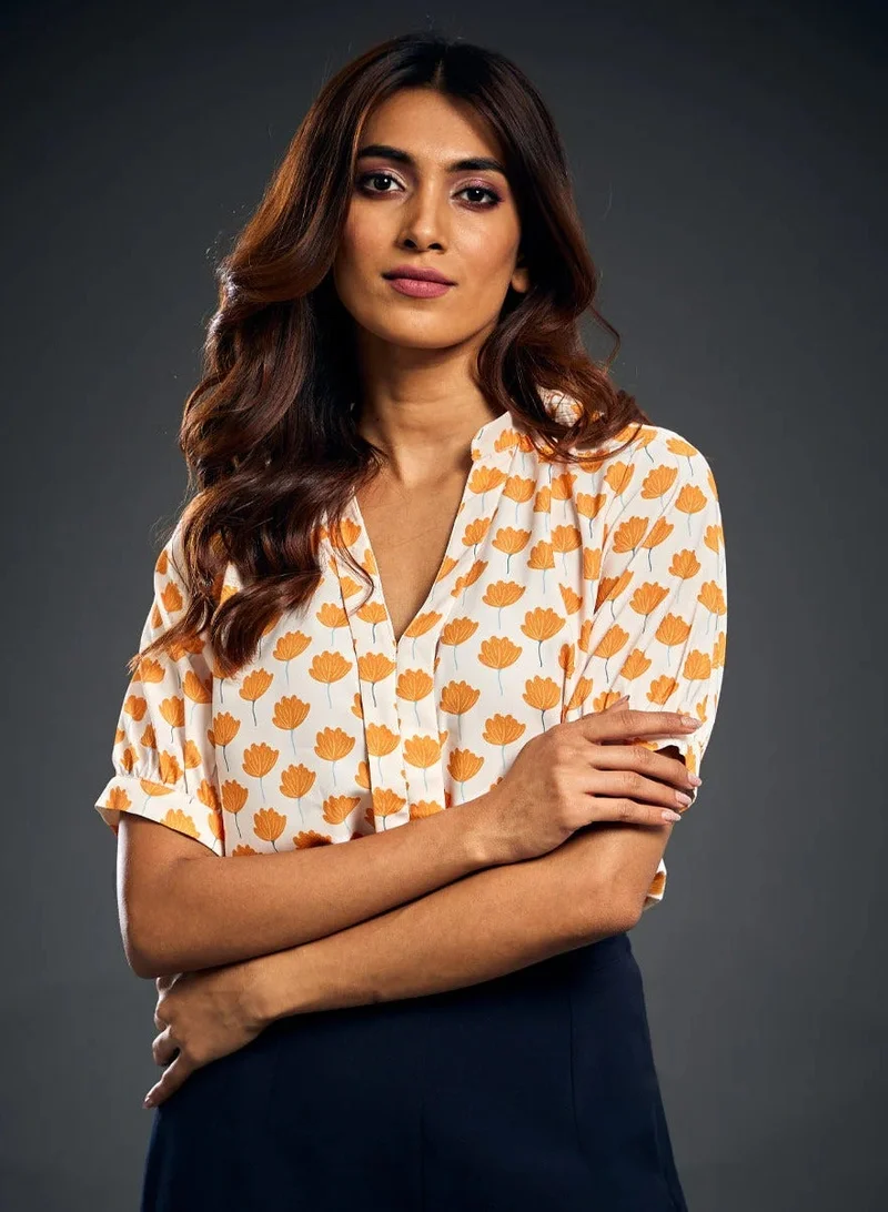 Zigzag Red Motif Printed Chiffon Front Detailed Top